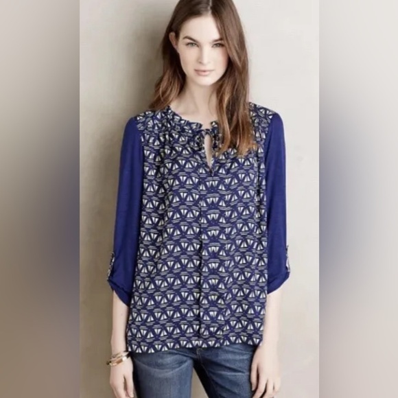 Anthropologie Meadow Rue Evella Navy Blue Sailboat Ruffle Tie Blouse S - Picture 1 of 10